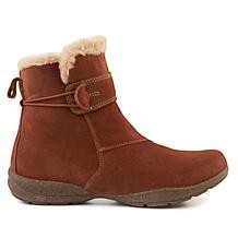 Clarks Roseville mahogany suede ankle boot with faux fur lining, adjustable strap, and textured sole. 
photo of the right side.