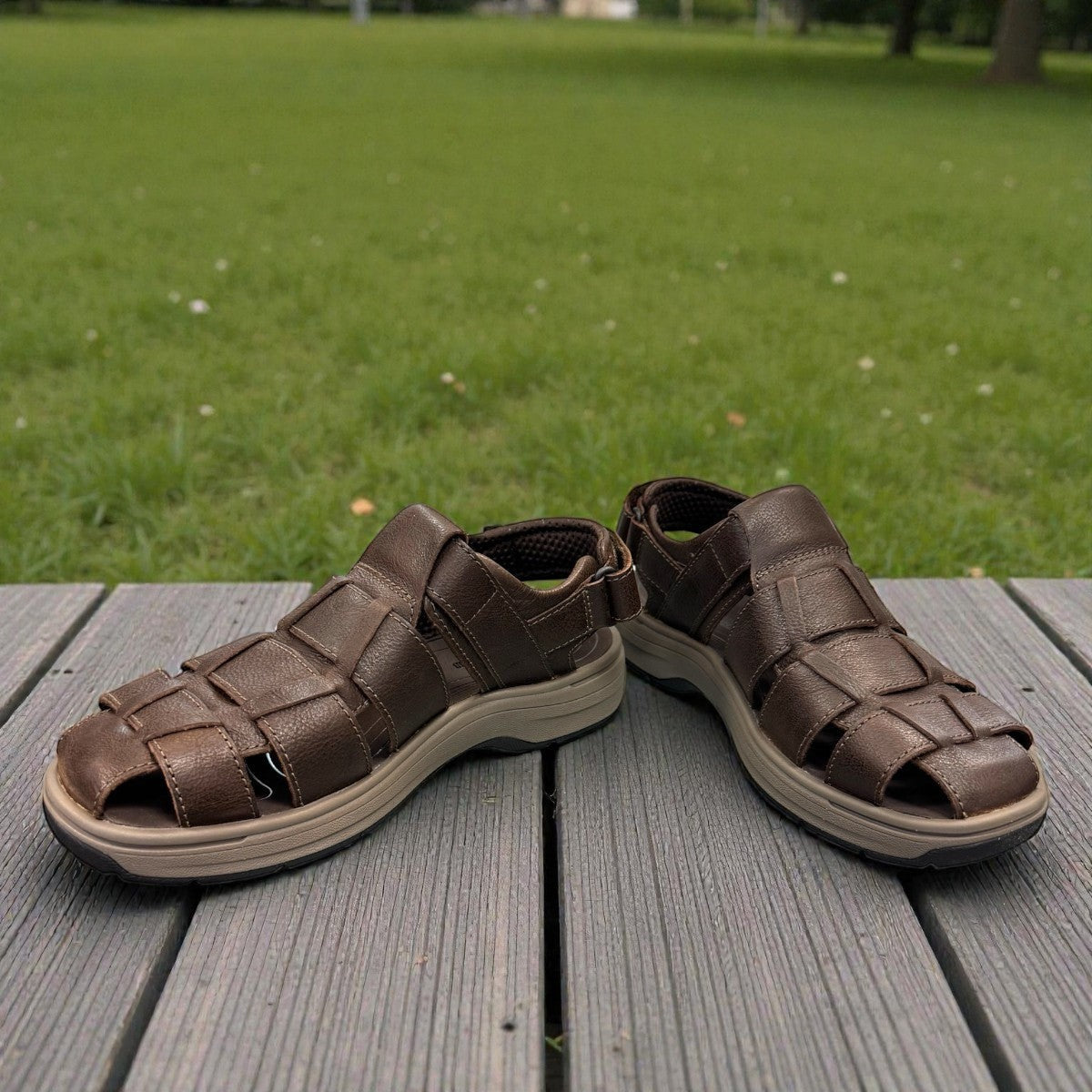 Clarks Saltway Cove fisherman sandal in dark brown leather with triple strap riptape closure. photo of the front.