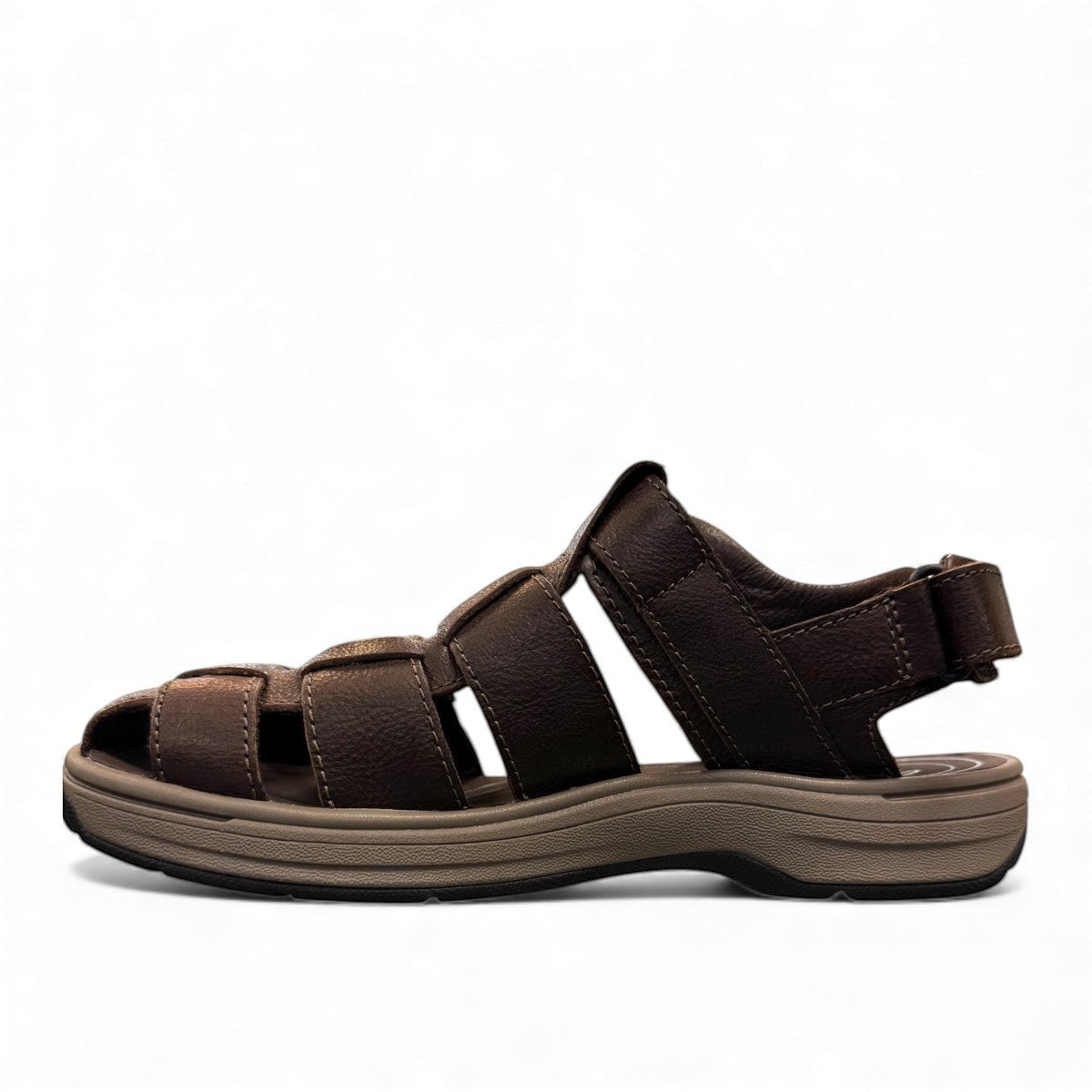 Clarks Saltway Cove fisherman sandal in dark brown leather with triple strap riptape closure. photo of the left.