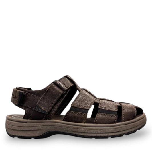 Clarks Saltway Cove fisherman sandal in dark brown leather with triple strap riptape closure. photo of the right side.