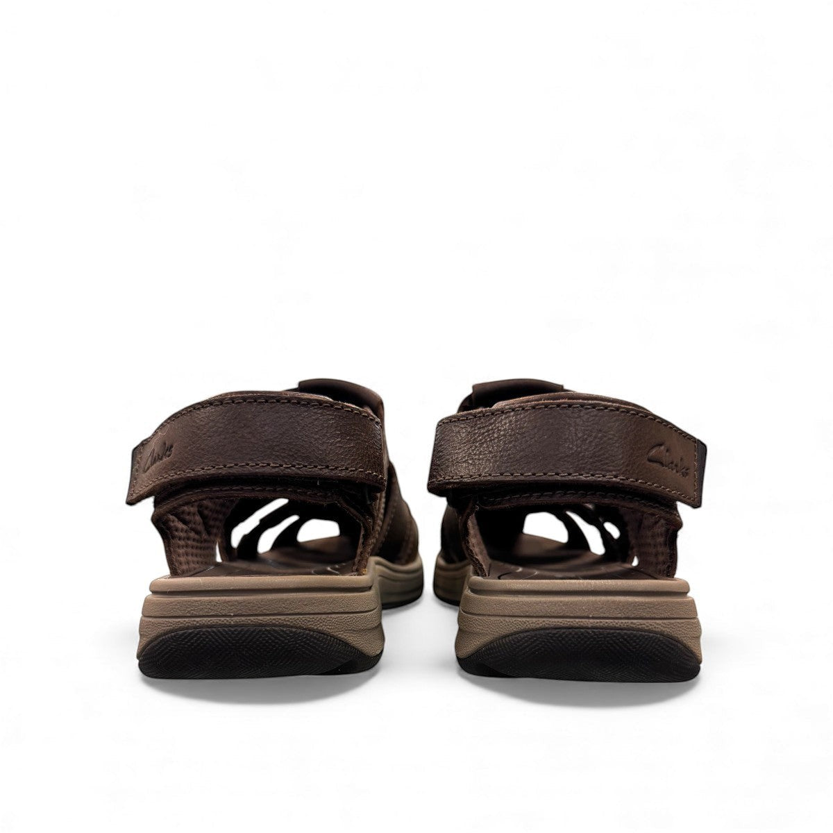 Clarks Saltway Cove fisherman sandal in dark brown leather with triple strap riptape closure. 
photo of the back.