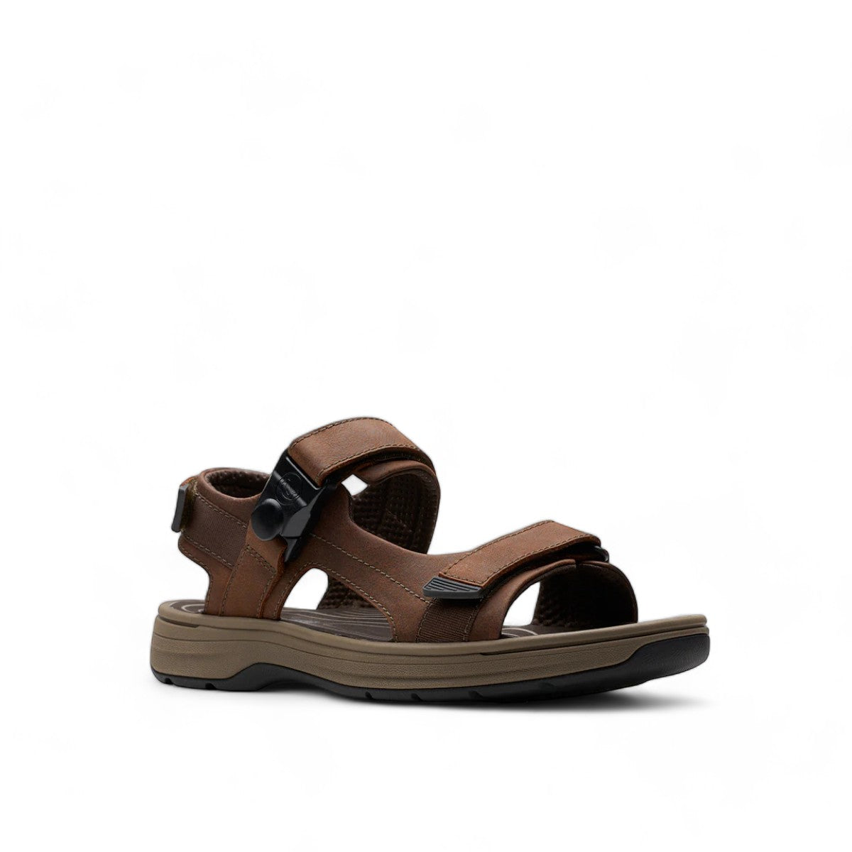 Clarks Saltway Trail dark brown leather sandals with adjustable straps and lightweight EVA sole. right view.