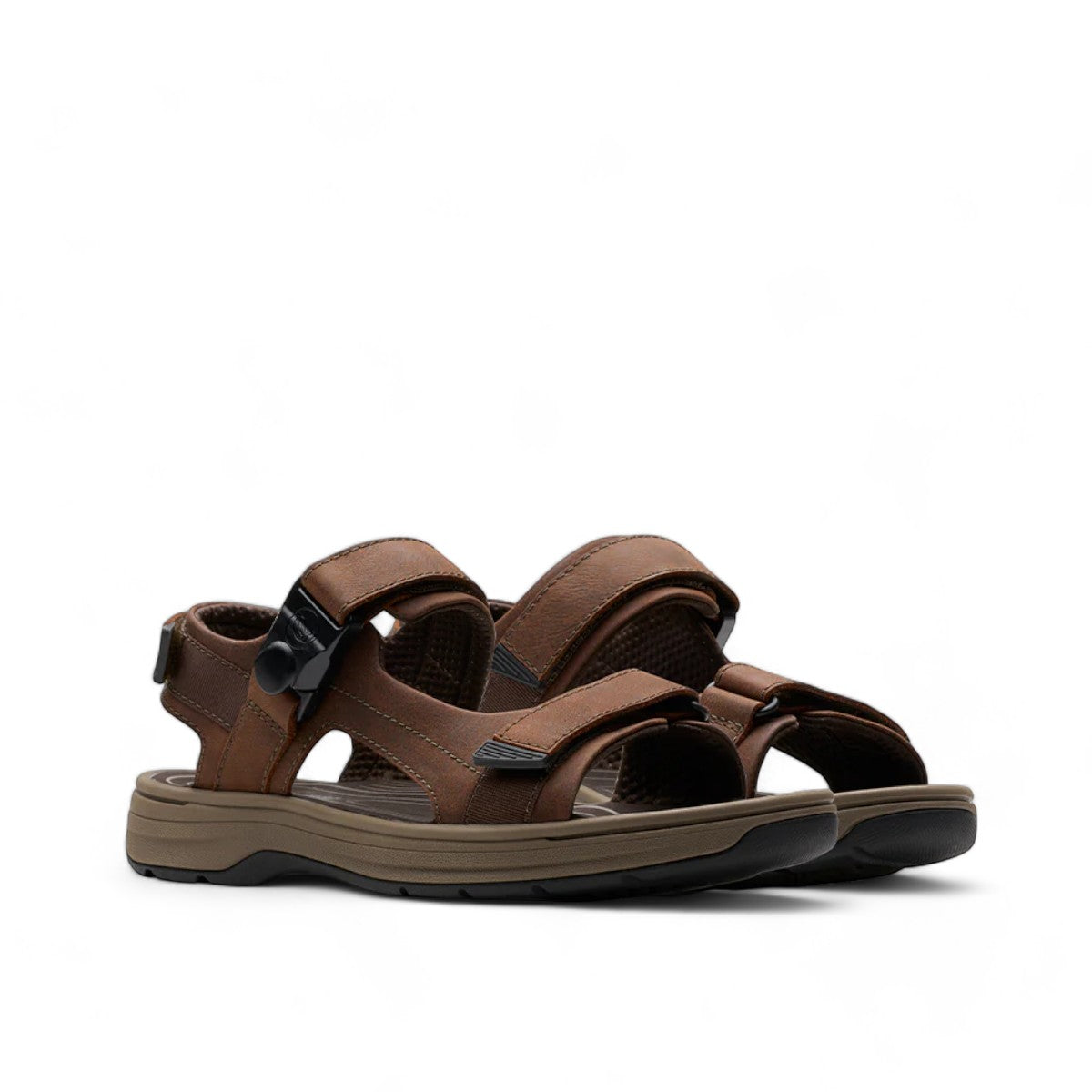 Clarks Saltway Trail dark brown leather sandals with adjustable straps and lightweight EVA sole. front view.