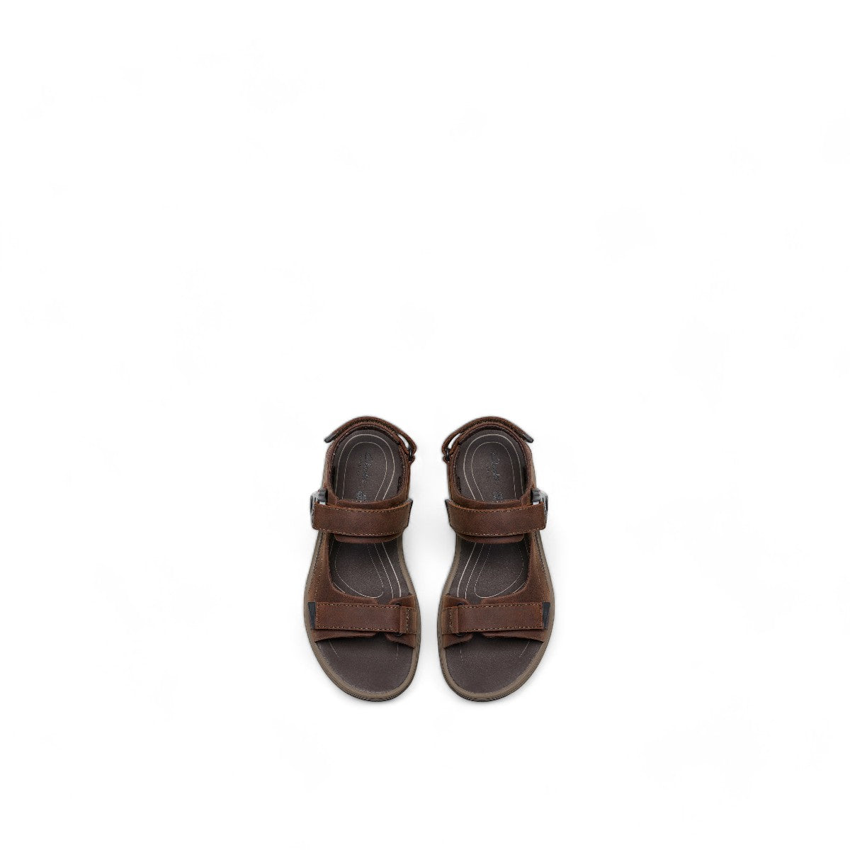 Clarks Saltway Trail dark brown leather sandals with adjustable straps and lightweight EVA sole. 
top view