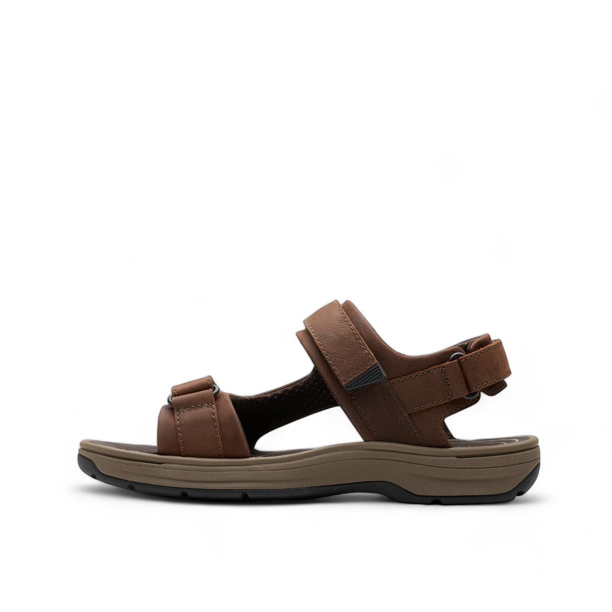 Clarks Saltway Trail dark brown leather sandals with adjustable straps and lightweight EVA sole. left view