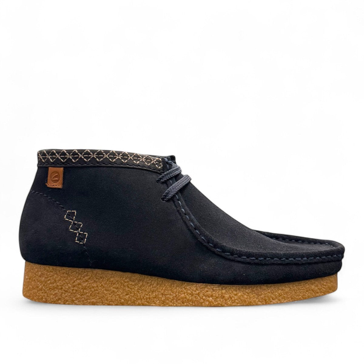 Sina Footwear Clarks Shacre blue leather Wallabee-style boots with a textured rubber sole and decorative stitching. photo of the right side.