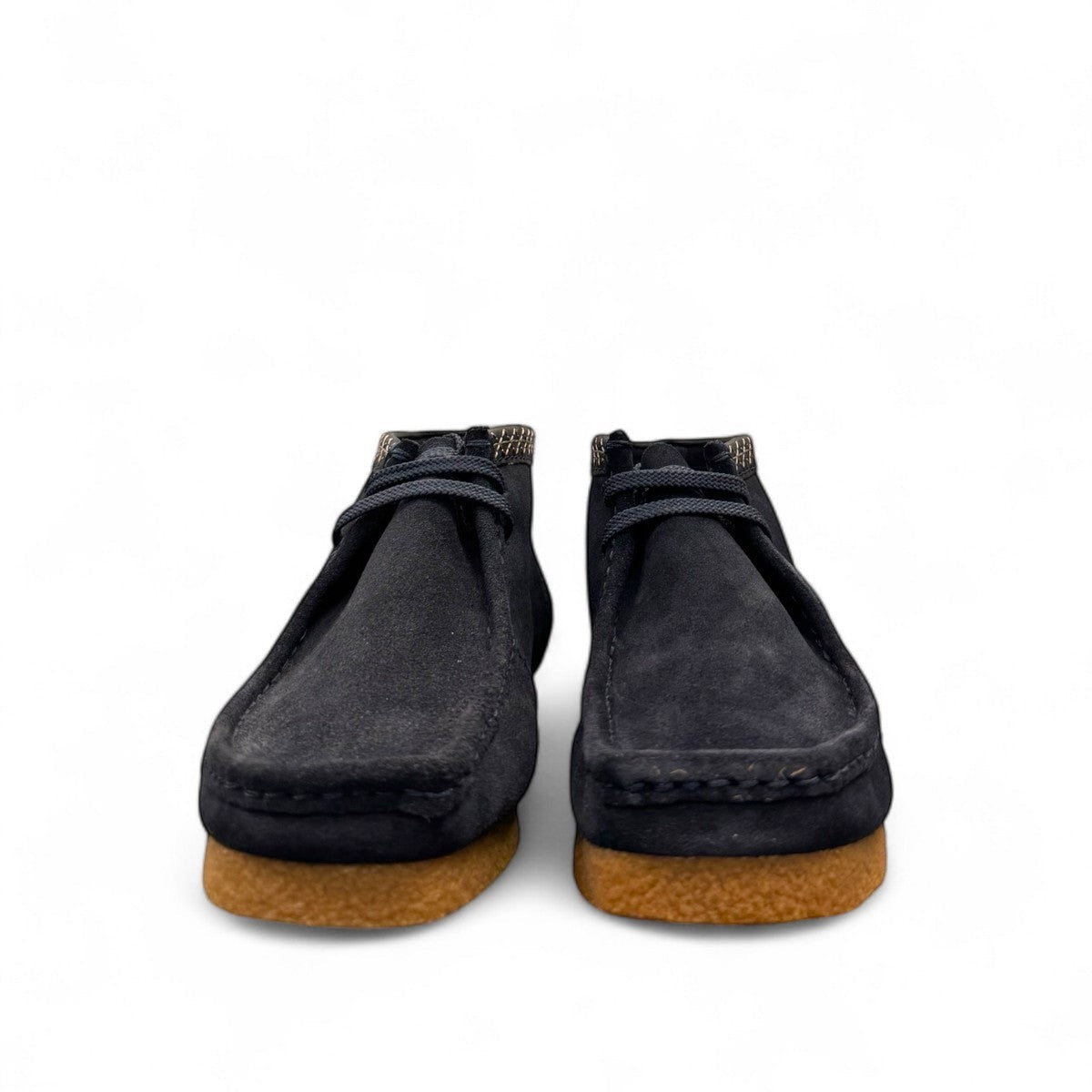 Sina Footwear blue leather Shacre boots with a classic Wallabee design, round toe, lace-up vamp, and rubber sole. Photo of the front.