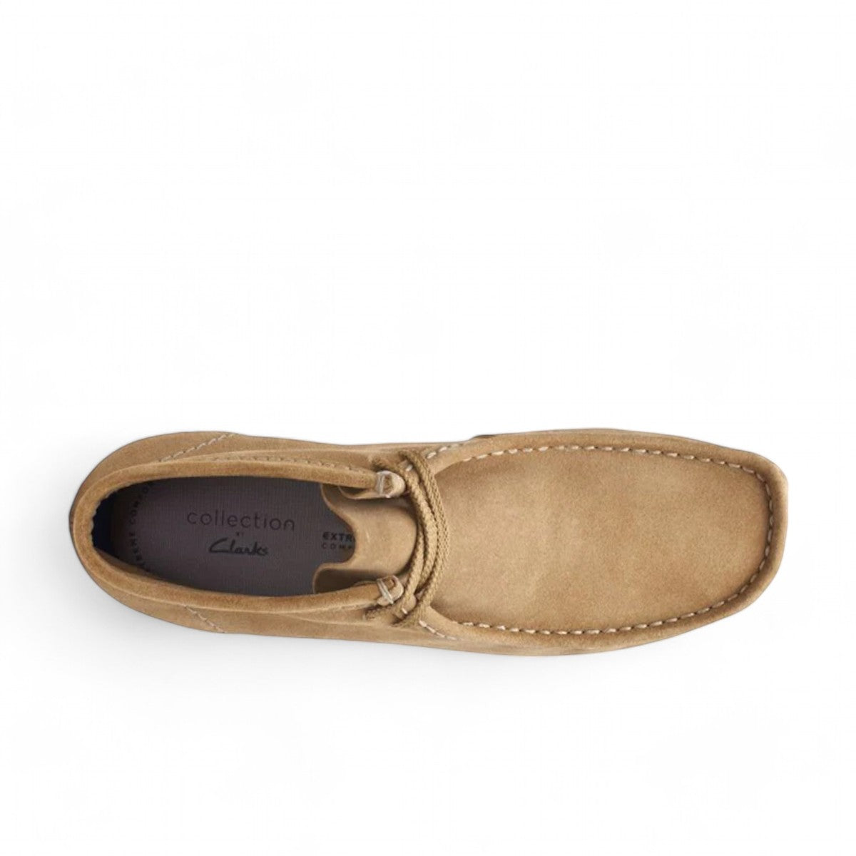 Clarks Shacre boots in dark sand suede with a classic Wallabee design, round toe, and rubber sole.
photo of top.
