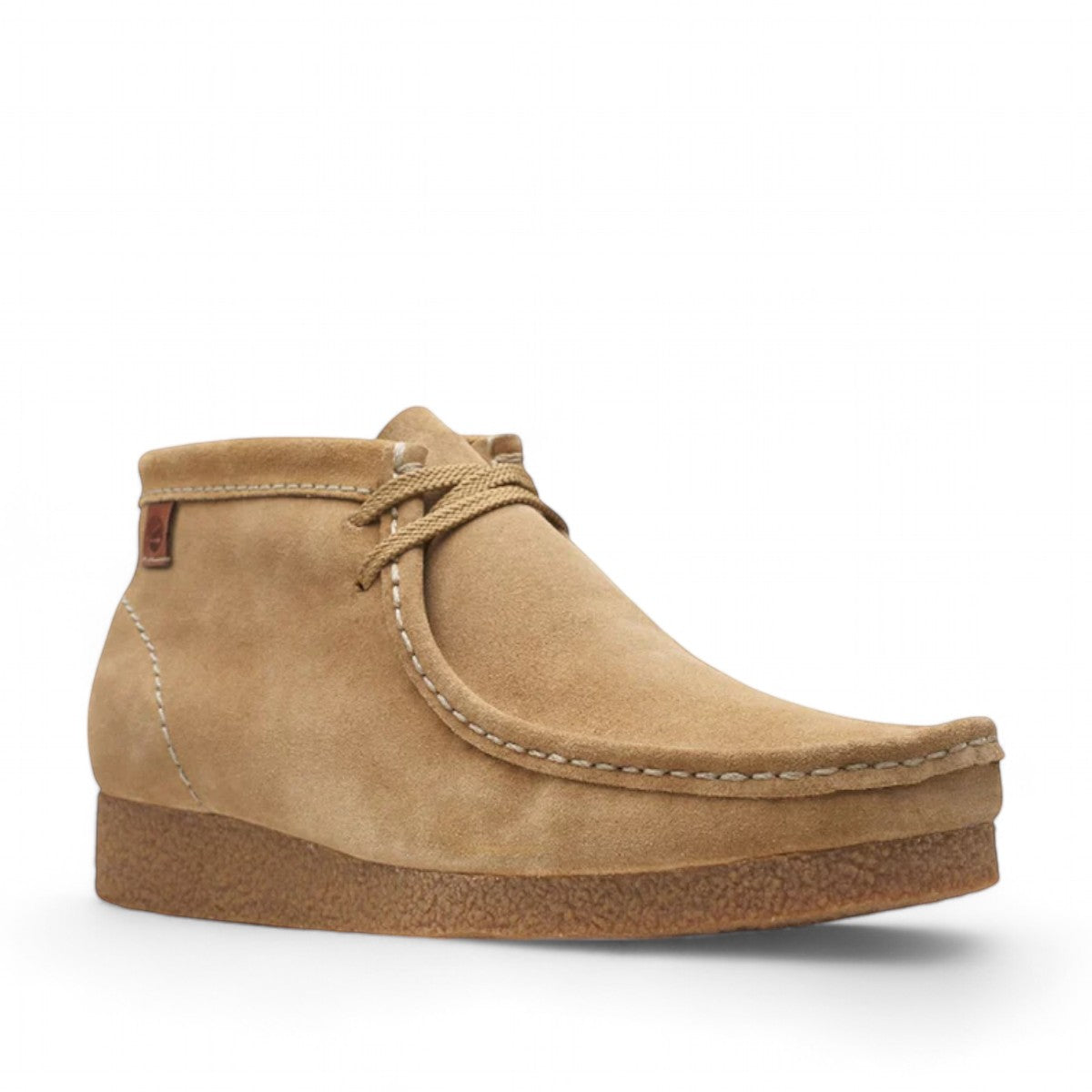 Clarks Shacre boots in dark sand suede with a classic Wallabee design, round toe, and rubber sole.
photo of the front