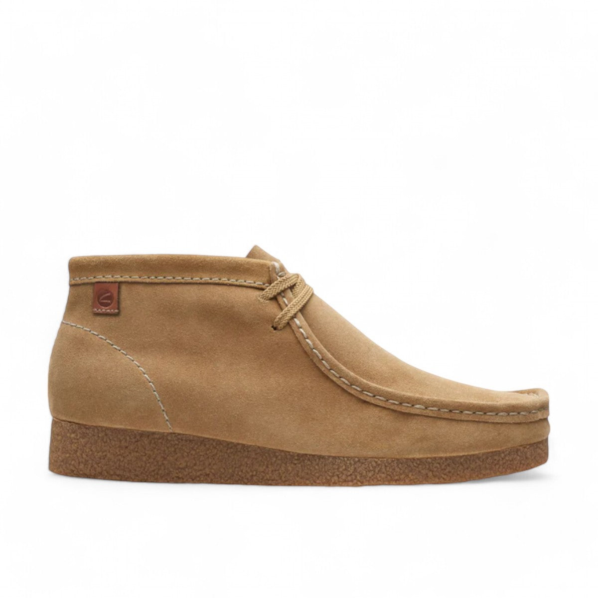 Clarks Shacre boots in dark sand suede with a classic Wallabee design, round toe, and rubber sole.
photo of right side.