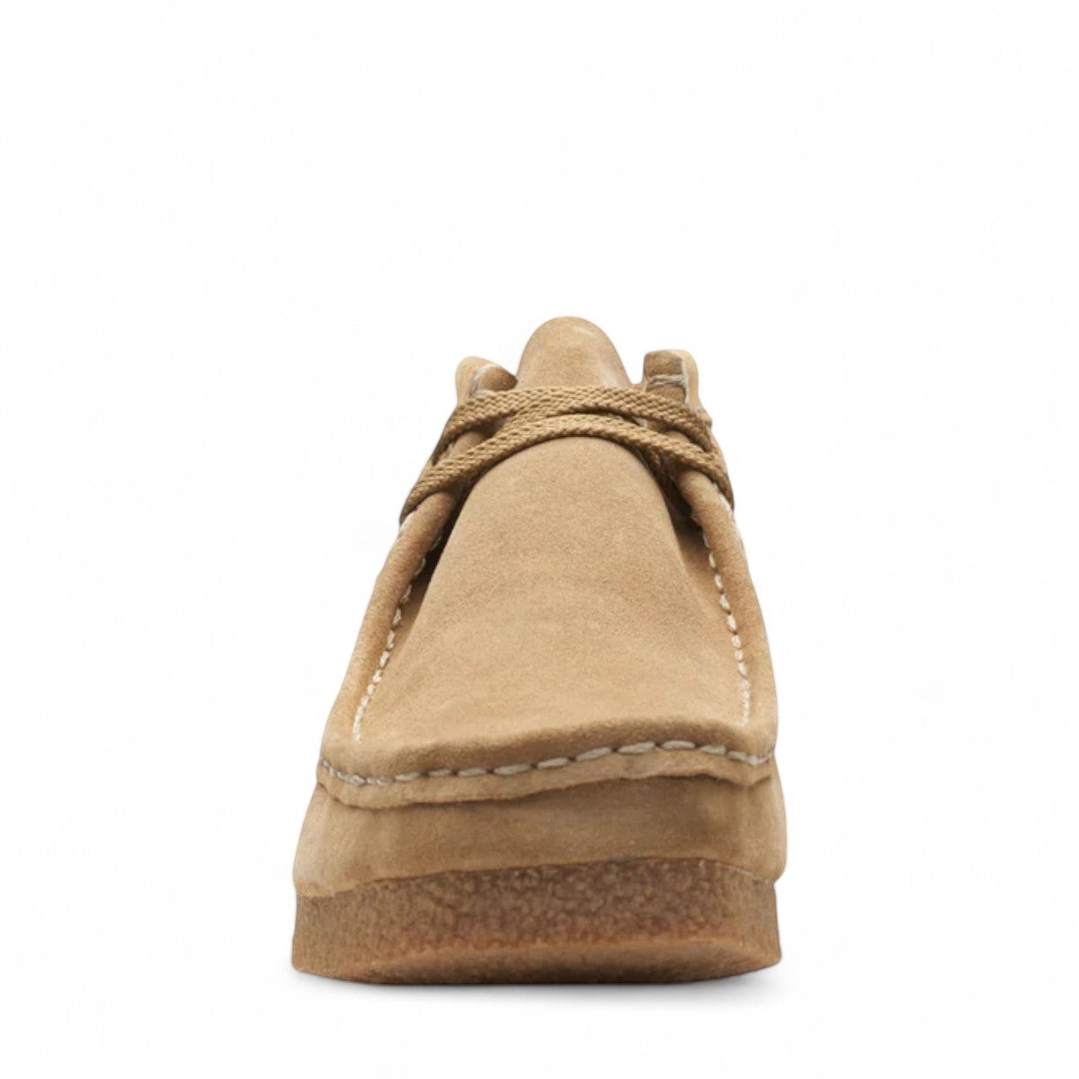 Clarks Shacre boots in dark sand suede with a classic Wallabee design, round toe, and rubber sole.
photo of the front.
