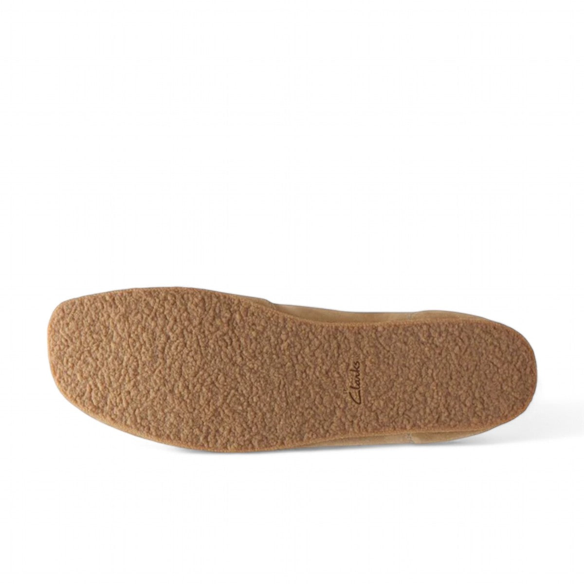 Clarks Shacre boots in dark sand suede with a classic Wallabee design, round toe, and rubber sole.
photo of the bottom.