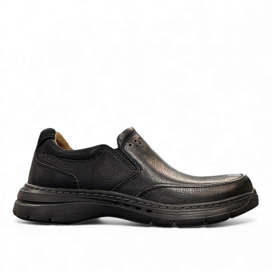Clarks Un Brawley Step black leather slip-on shoe with textured rubber sole and stitched construction. photo of the right side.