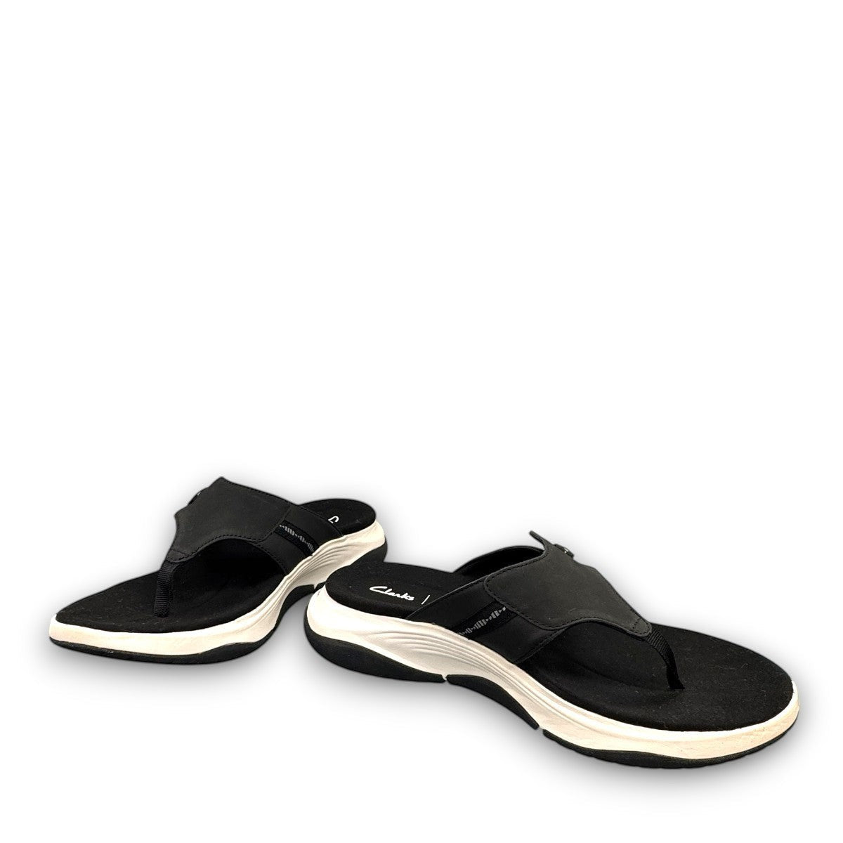 Clarks Wave 2.0 Sea black nubuck thong sandal with curved WaveWalk sole and cushioned footbed. photo of the front.