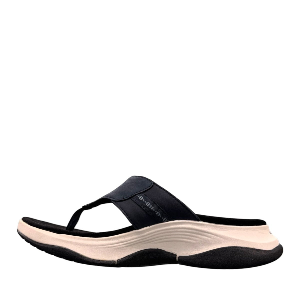 Clarks Wave 2.0 Sea navy nubuck thong sandal with curved WaveWalk sole and cushioned footbed. photo of the left side.