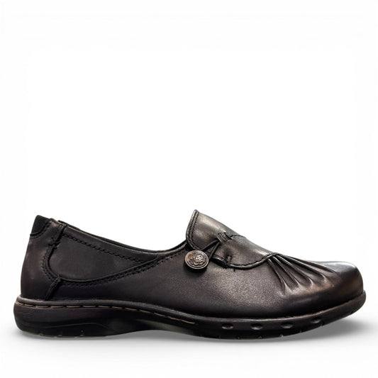 COBB HILL Paulette black leather slip-on shoe with asymmetrical ruching and antique metal button detail. Photo of right side view.