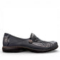 Cobb Hill Paulette navy leather slip-on shoe with asymmetrical lining and antique metal button detail. Photo of right side view.