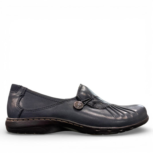 Cobb Hill Paulette navy leather slip-on shoe with asymmetrical lining and antique metal button detail. Photo of right side view.