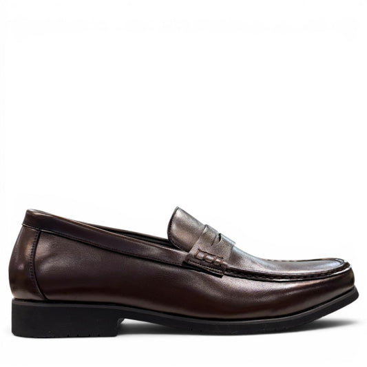 COLLEXION F7067M coffee brown leather penny loafer with a classic slip-on design.
photo of the right side