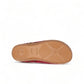 Taos Woolderness 2 cranberry wool clog with floral embroidery, faux fur lining, and cork midsole. Photo of bottom view.