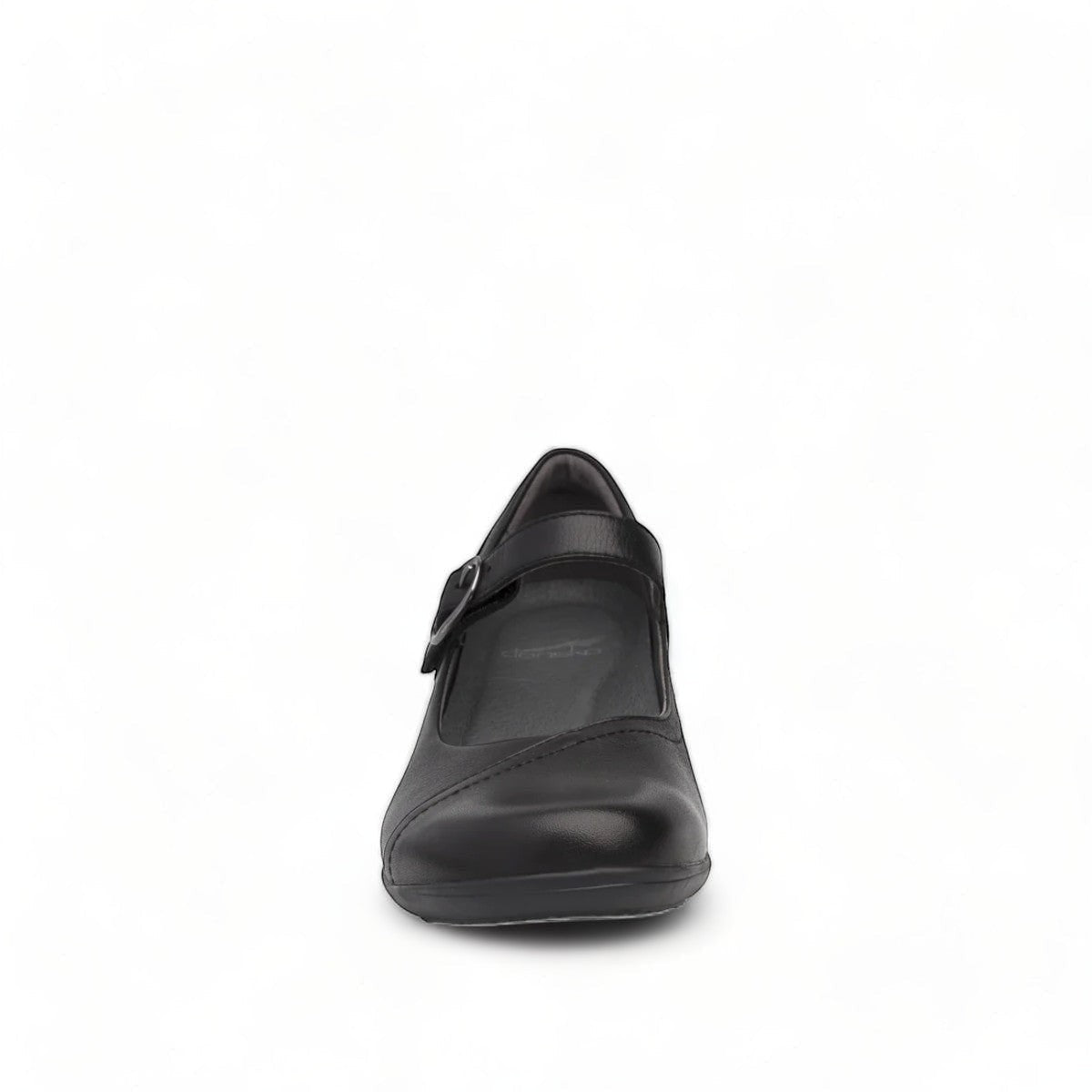Dansko Fawna black milled nappa leather Mary Jane shoe with adjustable strap and arch support. Photo of front view.