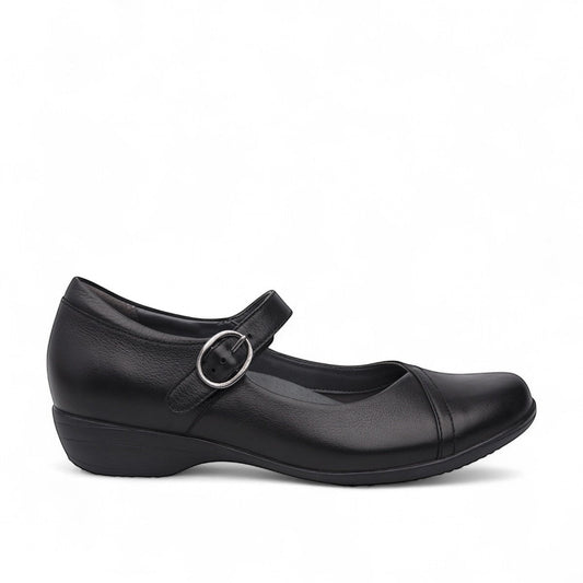 Dansko Fawna black milled nappa leather Mary Jane shoe with adjustable strap and arch support. Photo of outside side view.