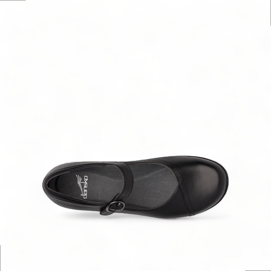 Dansko Fawna black milled nappa leather Mary Jane shoe with adjustable strap and arch support. Photo of upper view.
