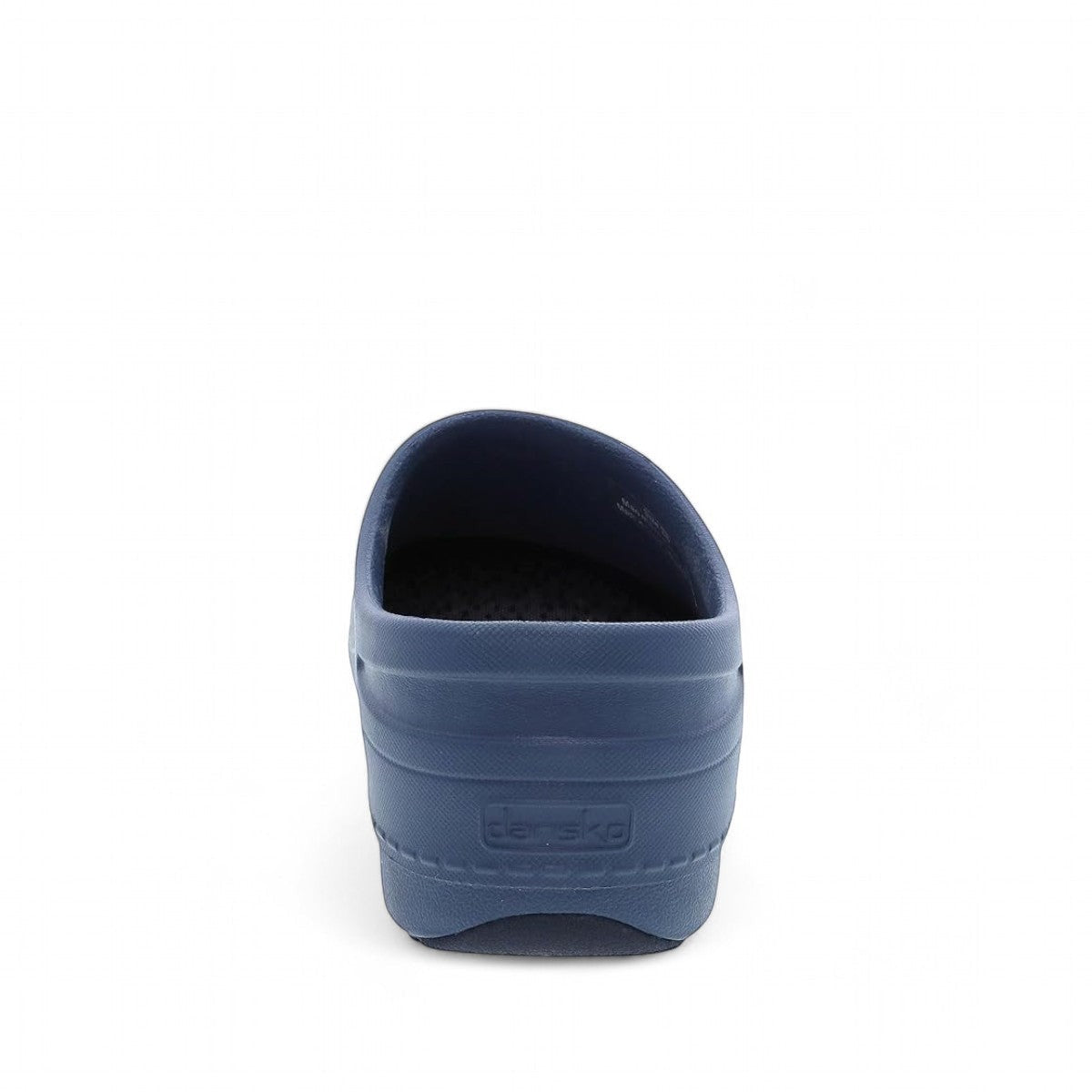 Dansko Kaci blue molded EVA clog seen from the back, showing the slip-resistant rubber outsole. Photo of back view.