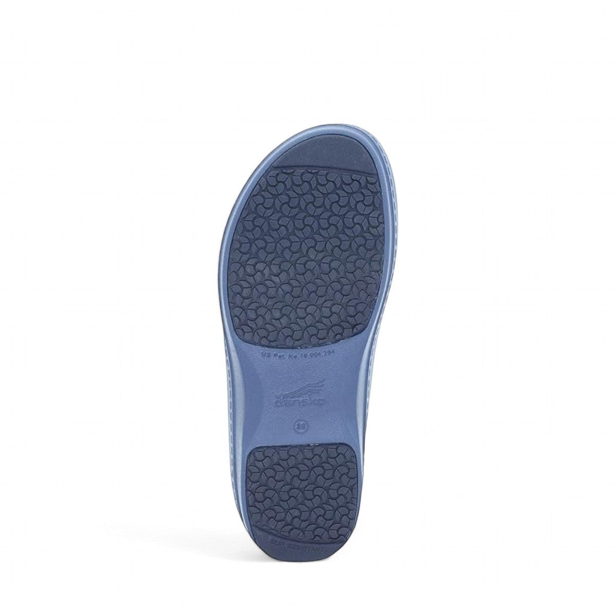Dansko Kaci blue molded EVA clog seen from the back, showing the slip-resistant rubber outsole. Photo of bottom view.