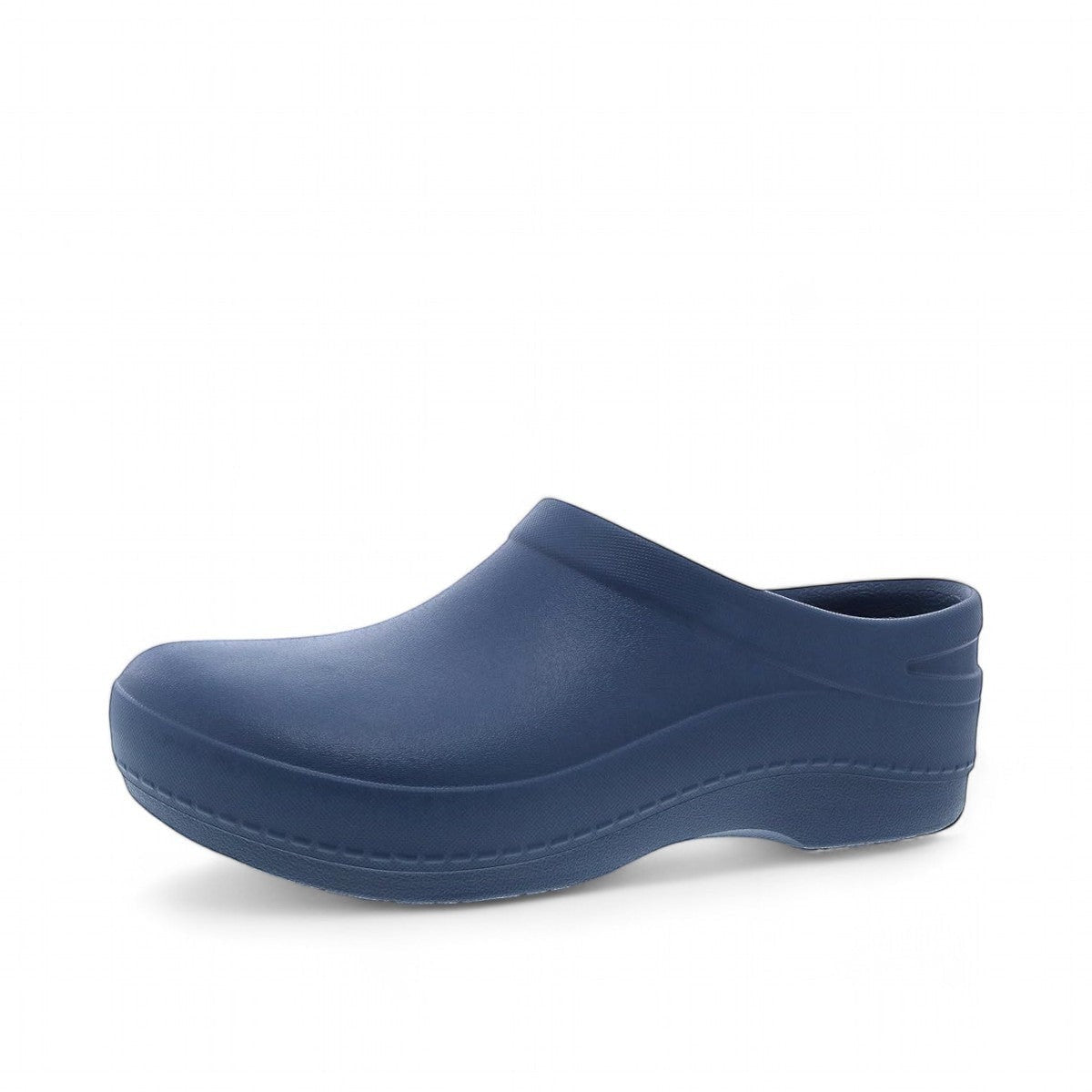 Dansko Kaci blue molded EVA clog seen from the back, showing the slip-resistant rubber outsole. Photo of outside left side view.