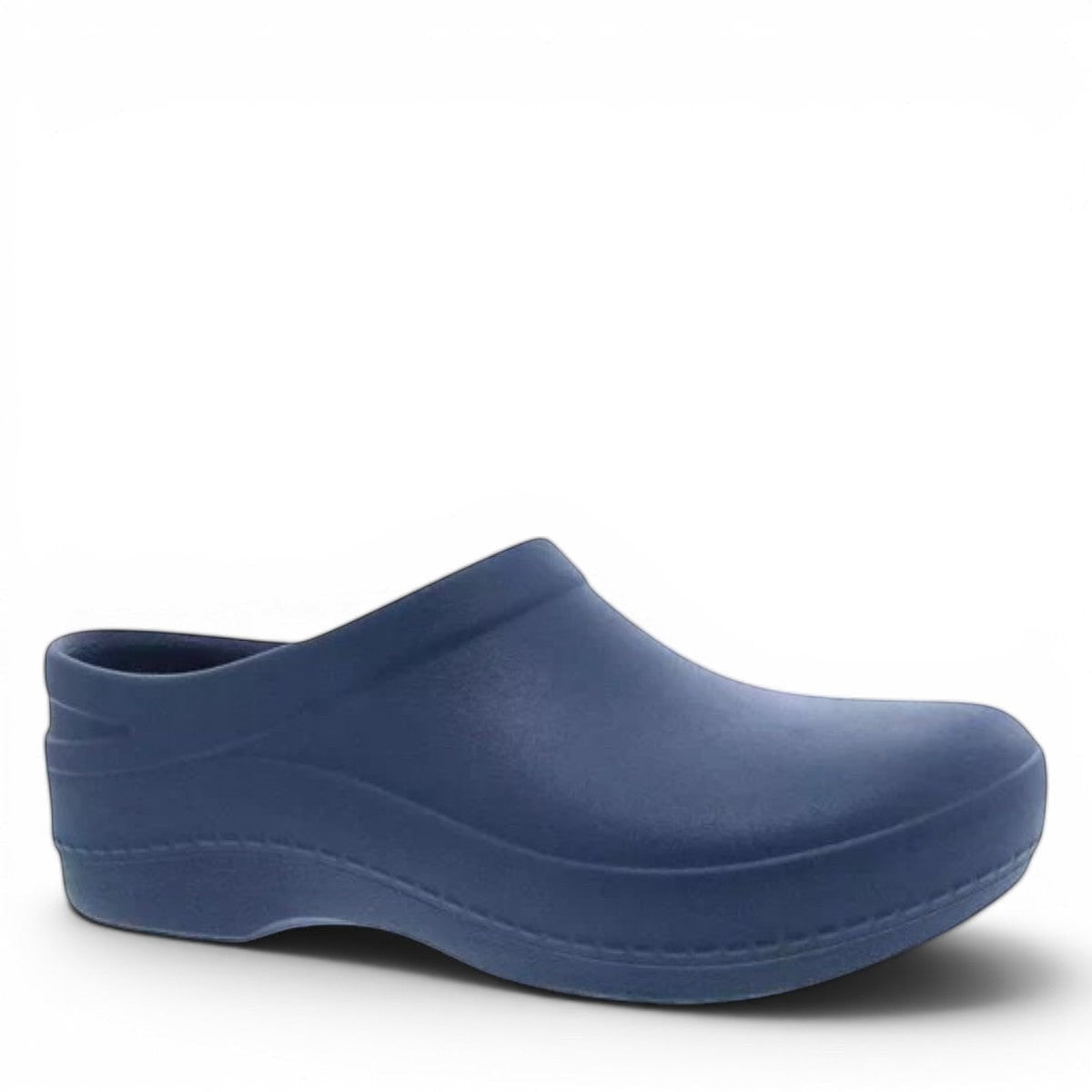 Dansko Kaci blue molded EVA clog seen from the back, showing the slip-resistant rubber outsole. Photo of outside right side view.