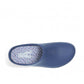 Dansko Kaci blue molded EVA clog seen from the back, showing the slip-resistant rubber outsole. Photo of upper view.