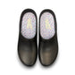 Dansko Kaci black molded EVA clogs showing the slip-resistant rubber outsole tread pattern. Photo of upper view.