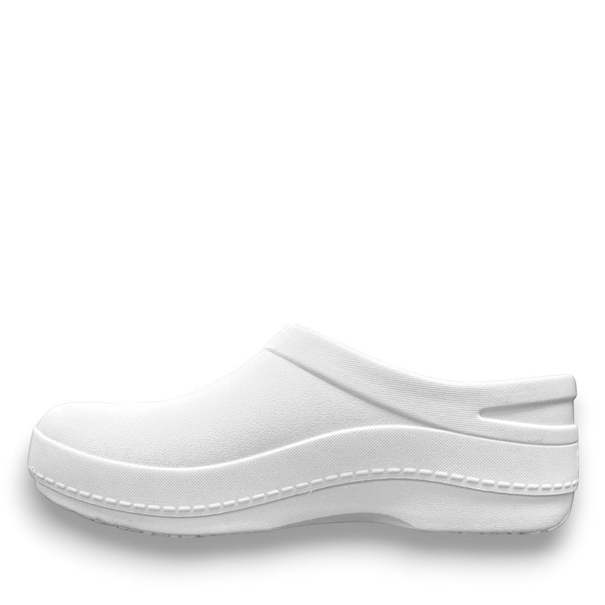Dansko Kaci white molded EVA clogs showing the slip-resistant rubber outsole and arch support design. Photo of outside sideview.