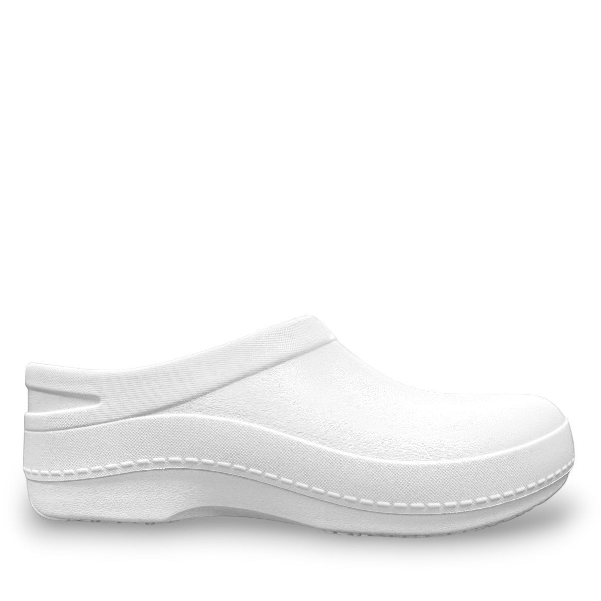 Dansko Kaci white molded EVA clogs showing the slip-resistant rubber outsole and arch support design. Photo of left sideview.