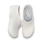 Dansko Kaci white molded EVA clogs showing the slip-resistant rubber outsole and arch support design. Photo of upper view.