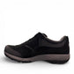 Dansko Paisley black waterproof suede outdoor shoes, slip resistant, showing durable Vibram rubber outsoles. Photo of outside side view.