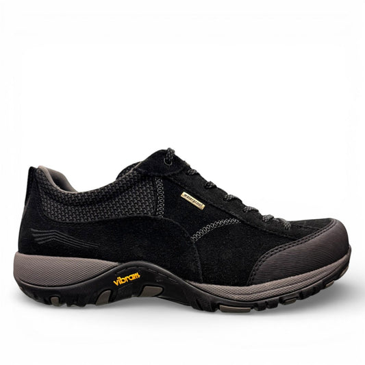 Dansko Paisley black waterproof suede outdoor shoes, rear view showing durable Vibram rubber outsoles.