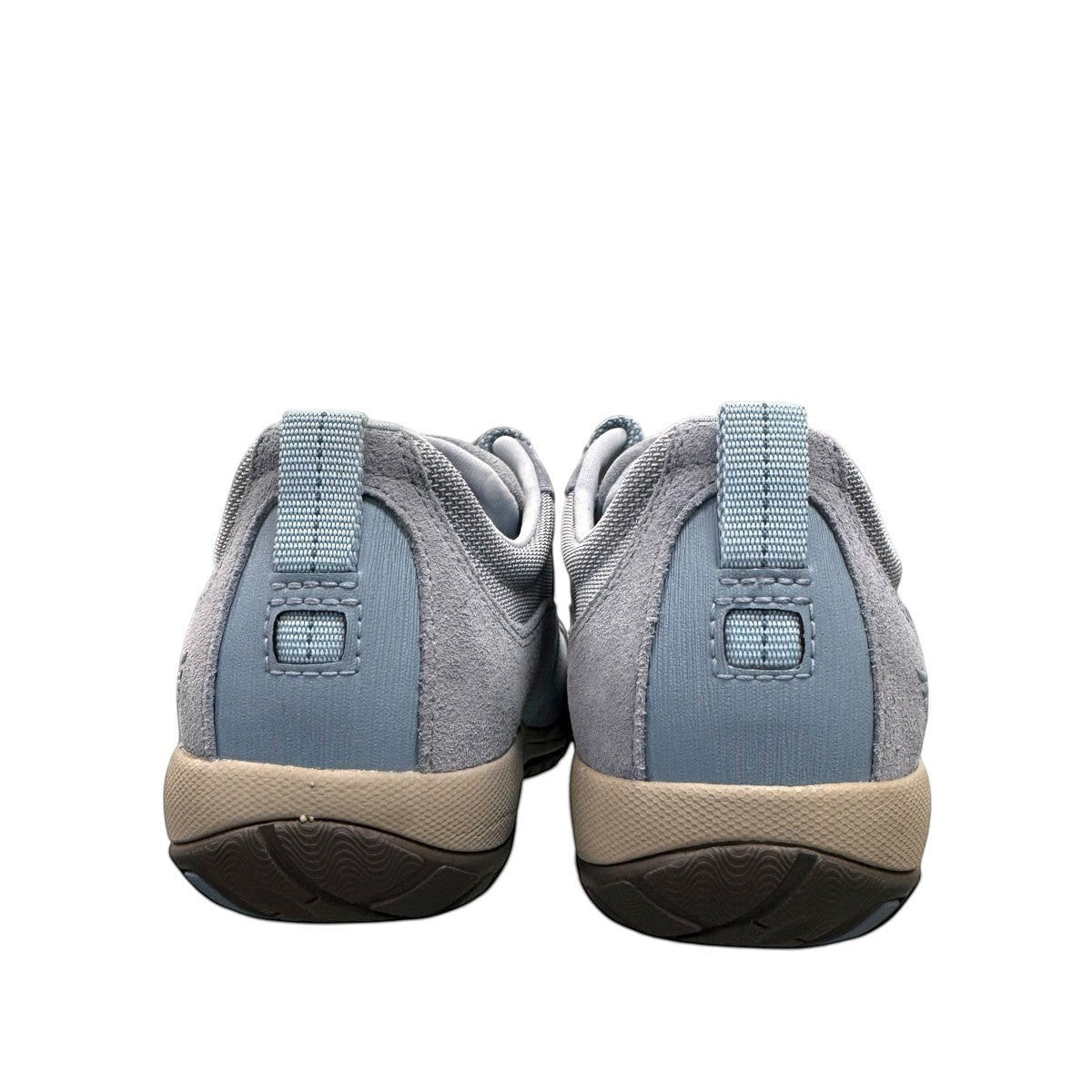 Dansko Paisley sky blue burnished suede waterproof outdoor shoes, slip resistant, showing heel detail. Photo of back view.