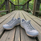 Dansko Paisley sky blue burnished suede waterproof outdoor shoes, slip resistant, showing heel detail. Photo of front view.