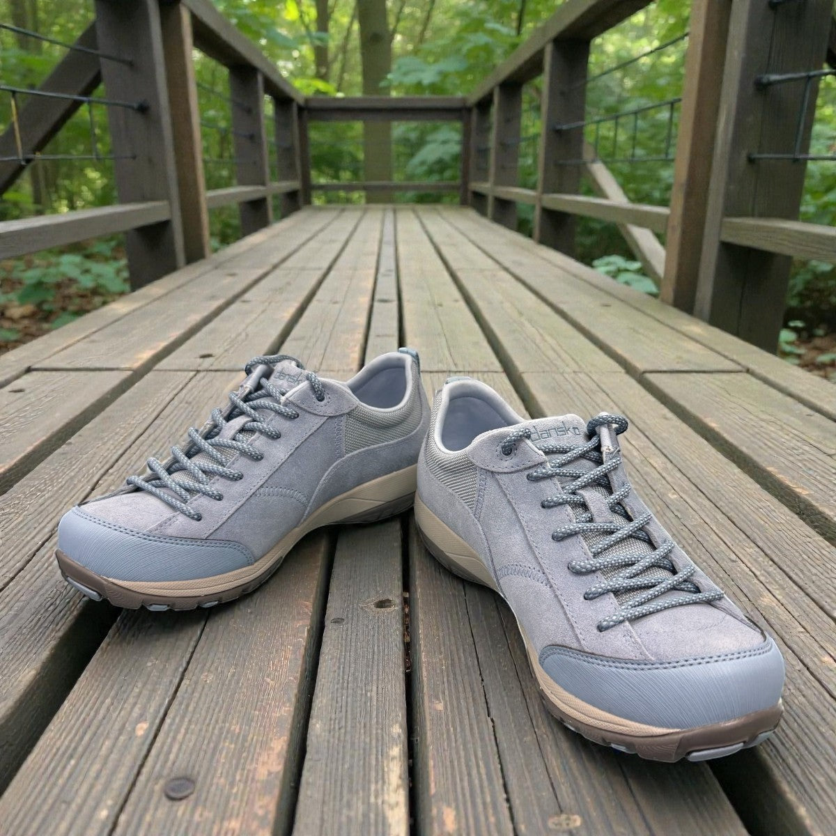 Dansko Paisley sky blue burnished suede waterproof outdoor shoes, slip resistant, showing heel detail. Photo of front view.