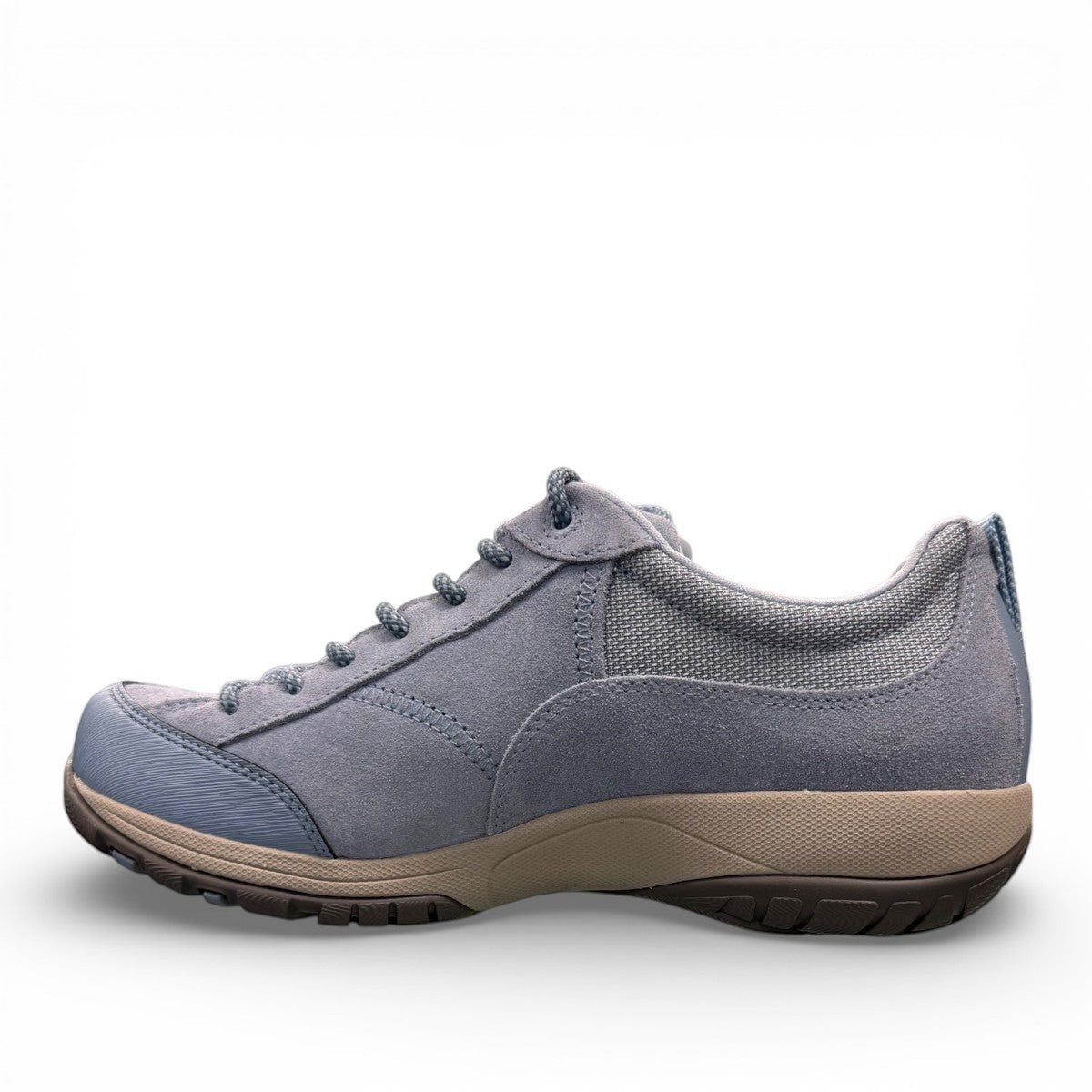 Dansko Paisley sky blue burnished suede waterproof outdoor shoes, rear view showing heel detail.