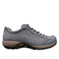 Dansko Paisley sky blue burnished suede waterproof outdoor shoes, slip resistant, showing heel detail. Photo of inside side view.