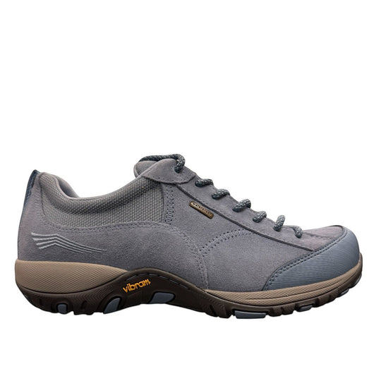 Dansko Paisley sky blue burnished suede waterproof outdoor shoes, slip resistant, showing heel detail. Photo of inside side view.