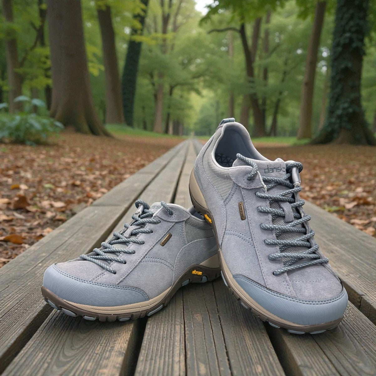 Dansko Paisley sky blue burnished suede waterproof outdoor shoes, slip resistant, showing heel detail. Photo of upper view.