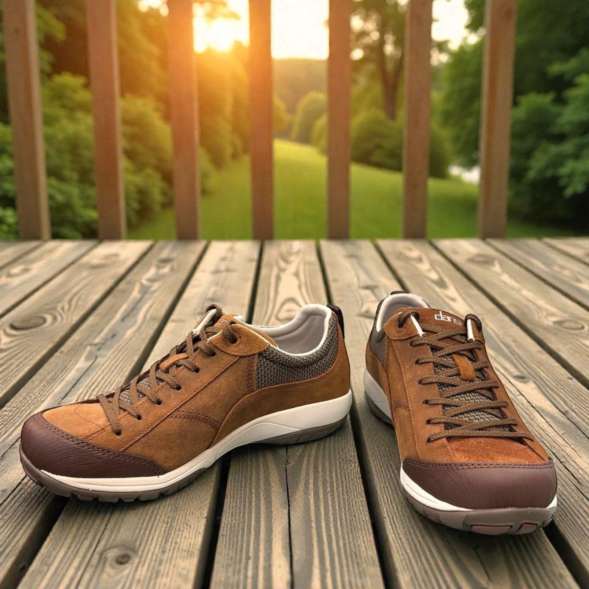 Dansko Paisley brown burnished suede outdoor shoes showing the slip-resistant Vibram rubber outsoles. Photo of front view.