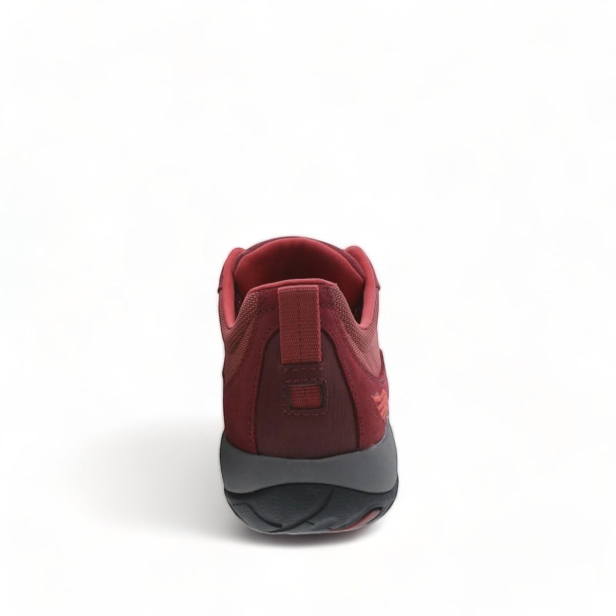Dansko Paisley red burnished suede outdoor shoe showing the durable slip-resistant Vibram rubber outsole. Photo of back view.