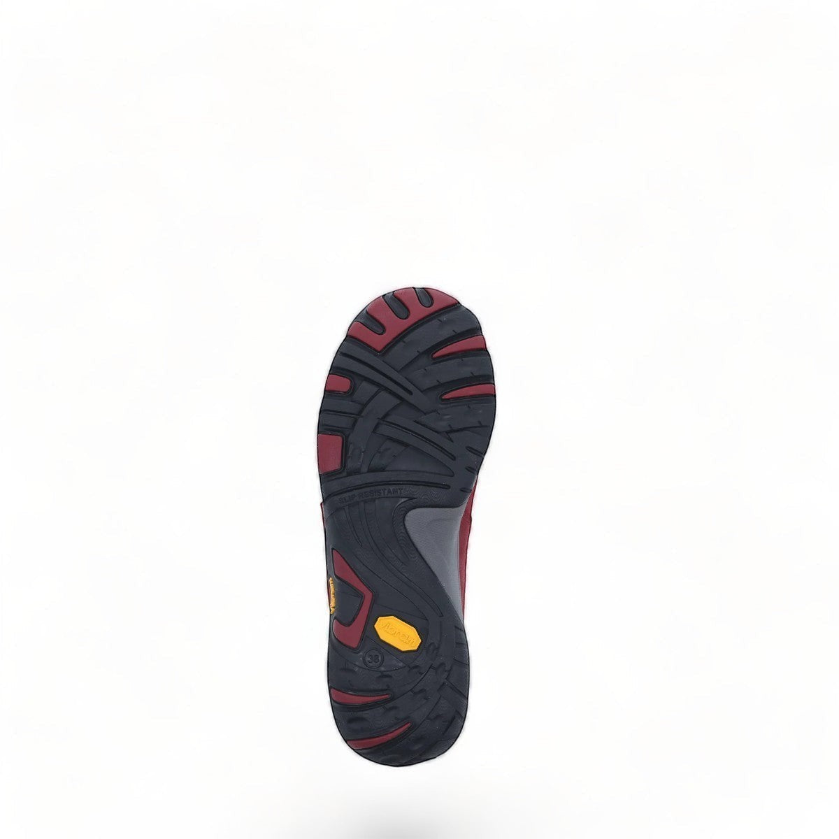 Dansko Paisley red burnished suede outdoor shoe showing the durable slip-resistant Vibram rubber outsole. Photo of bottom view.