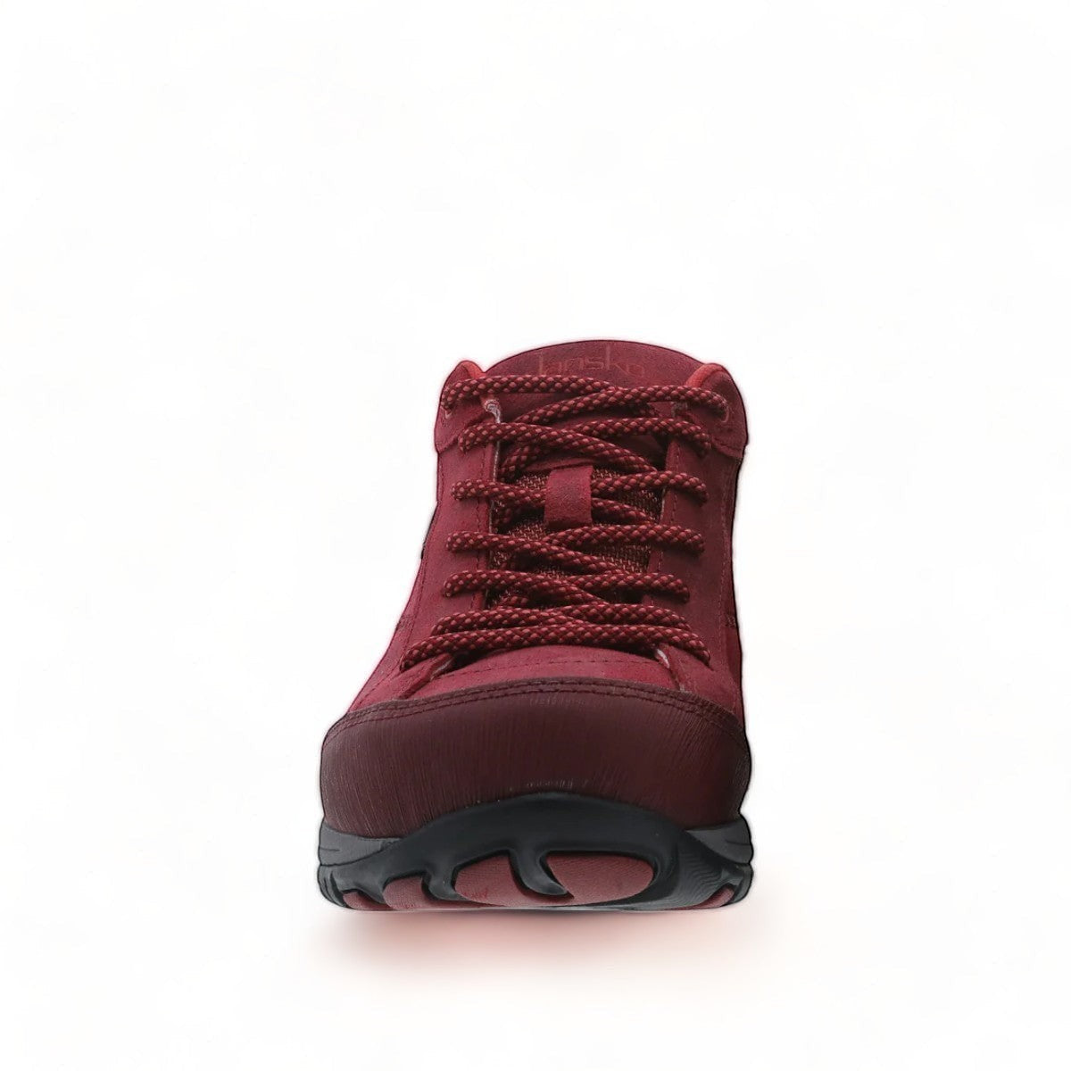 Dansko Paisley red burnished suede outdoor shoe showing the durable slip-resistant Vibram rubber outsole. Photo of front view.