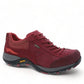 Dansko Paisley red burnished suede outdoor shoe showing the durable slip-resistant Vibram rubber outsole. Photo of side view at an angle.